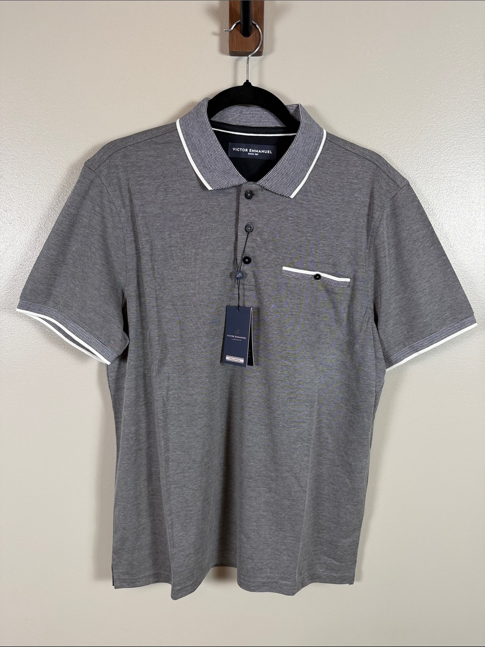 Victor Emmanuel Black Short-Sleeve Polo with Contrast Trim